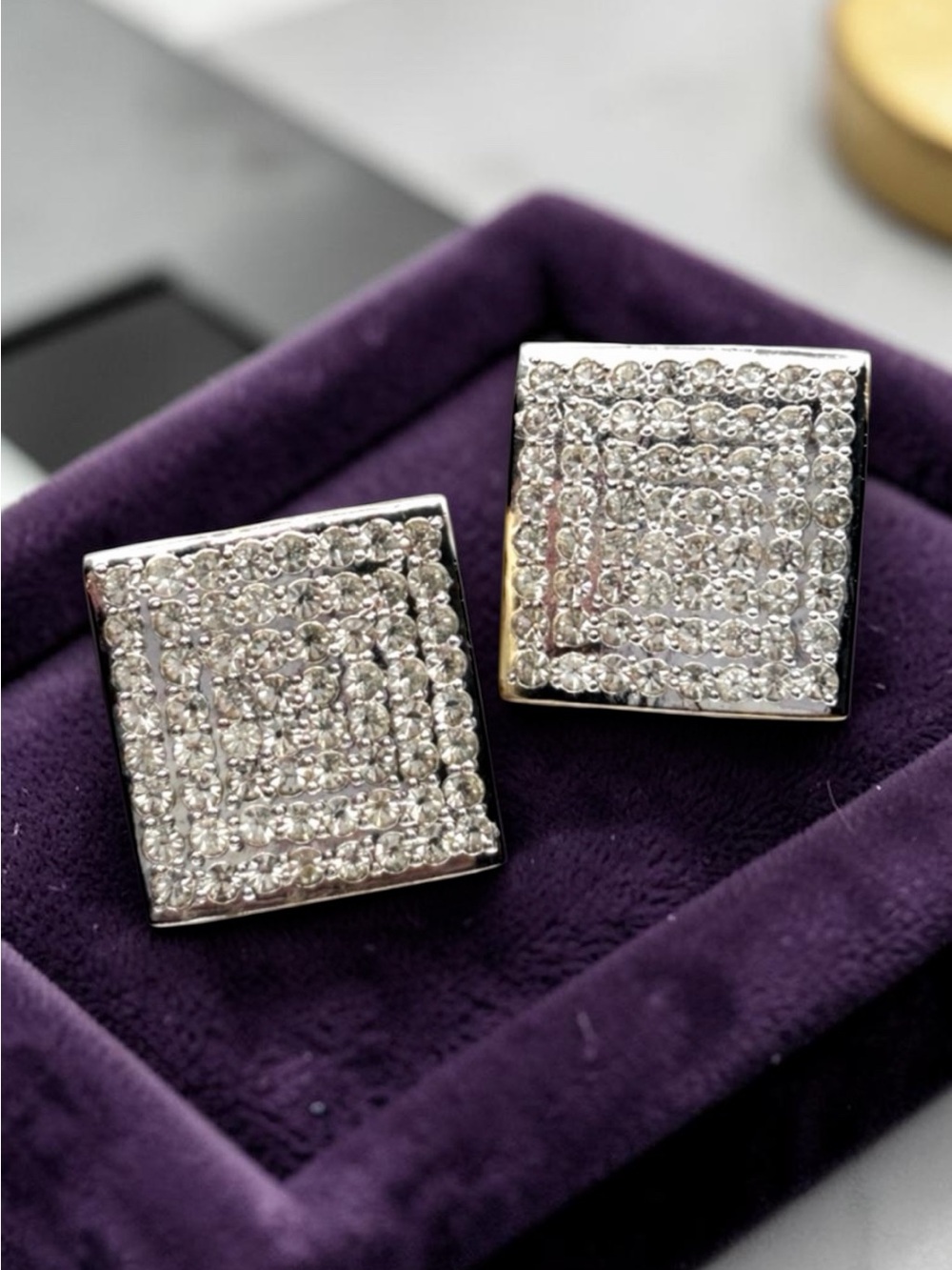 Vintage Valentino Oversized Square Rhinestone Two Tone Clip-On Earrings Signed